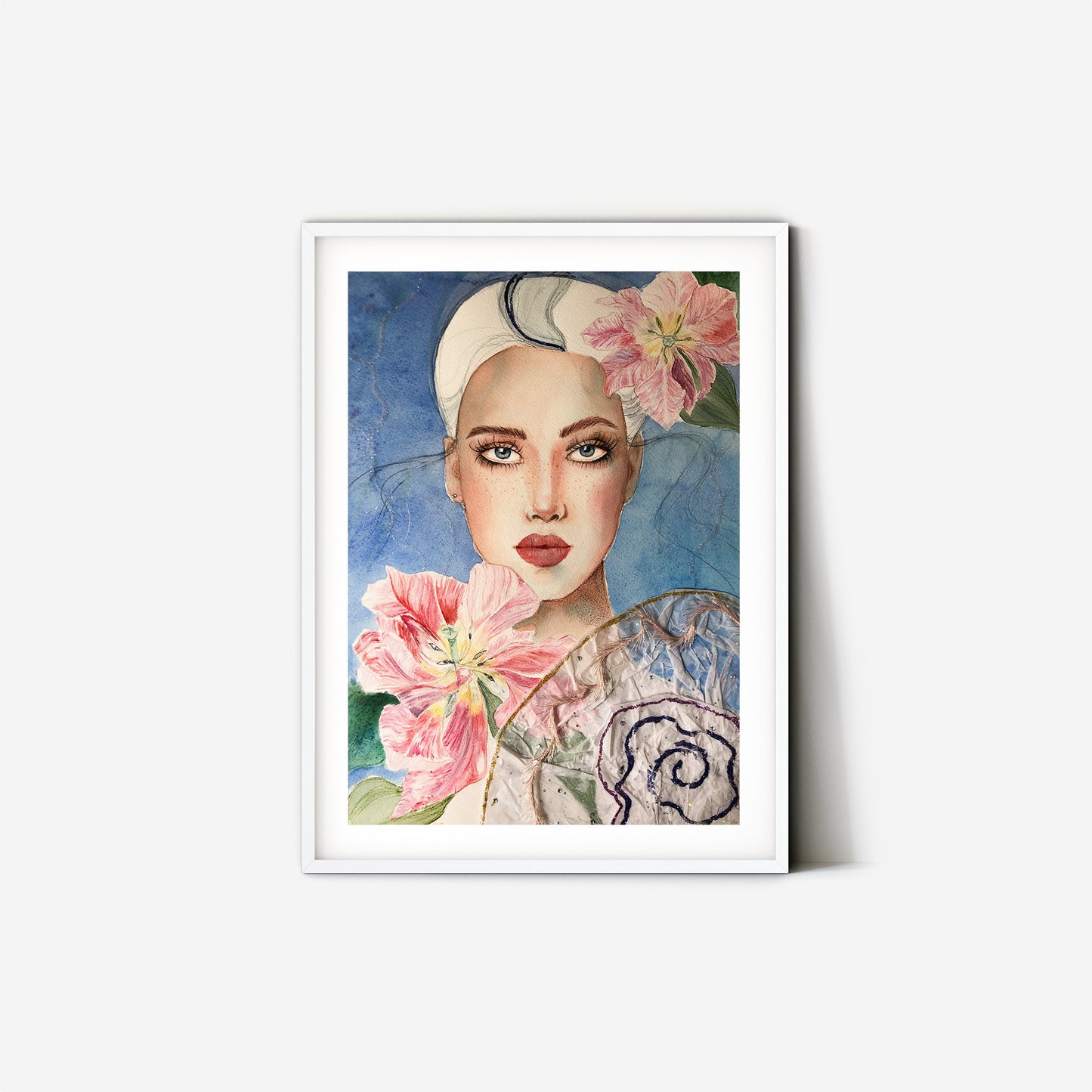 #004 Fashion watercolor poster with beautiful woman portrait on blue background and tulips flowers. The picture also has appliqué and glitter.