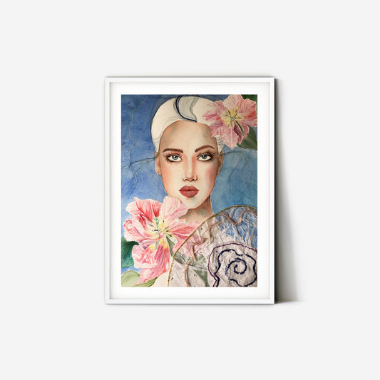Fashion watercolor poster with beautiful woman portrait on blue background and tulips flowers. The picture also has appliqué and glitter.