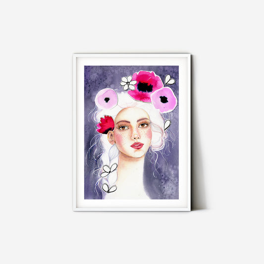 Fashion watercolor poster with Girl portrait on lilac background and poppy flowers application