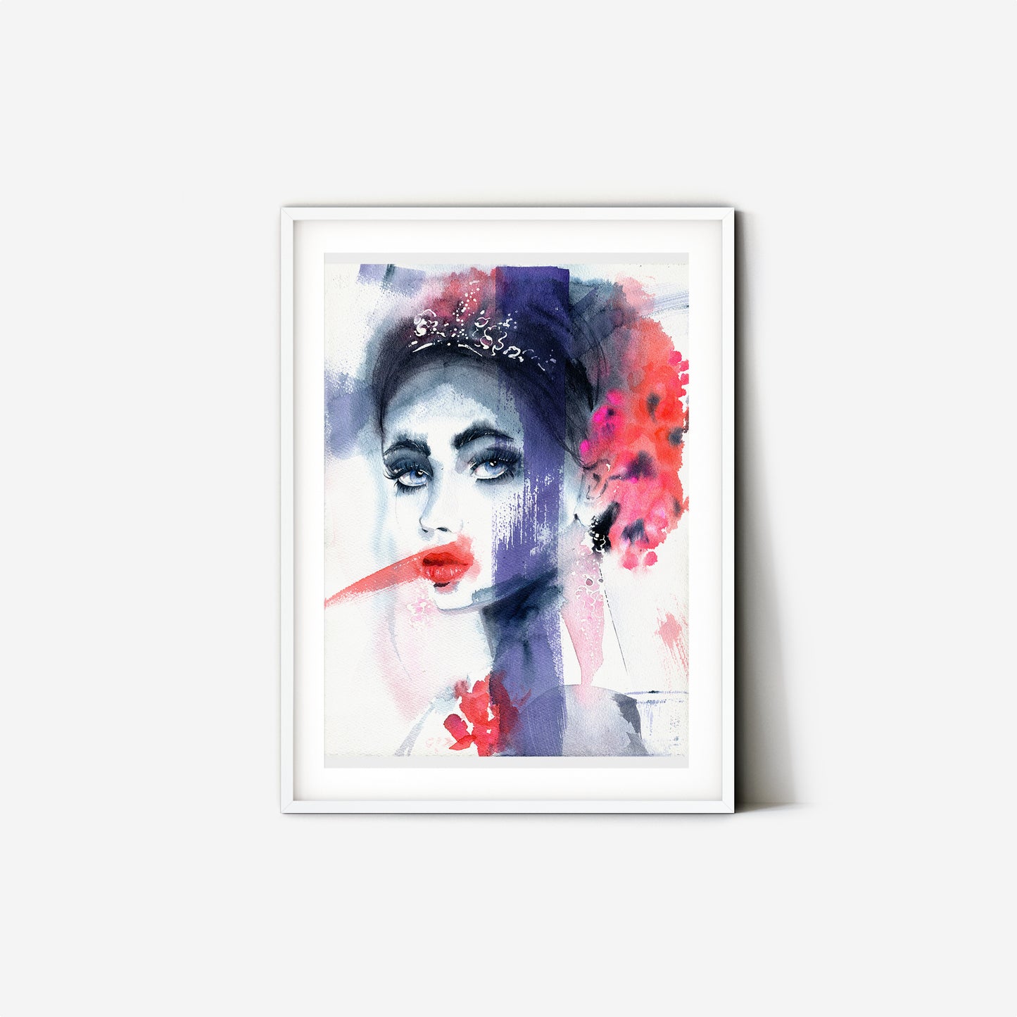 #020 Fashion watercolor poster with abstract portrait of a woman with tiara and flowers.