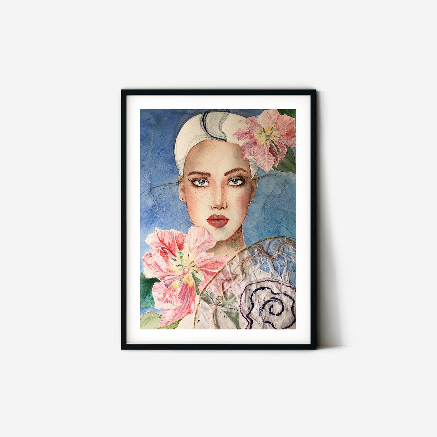 #004 Fashion watercolor poster with beautiful woman portrait on blue background and tulips flowers. The picture also has appliqué and glitter.