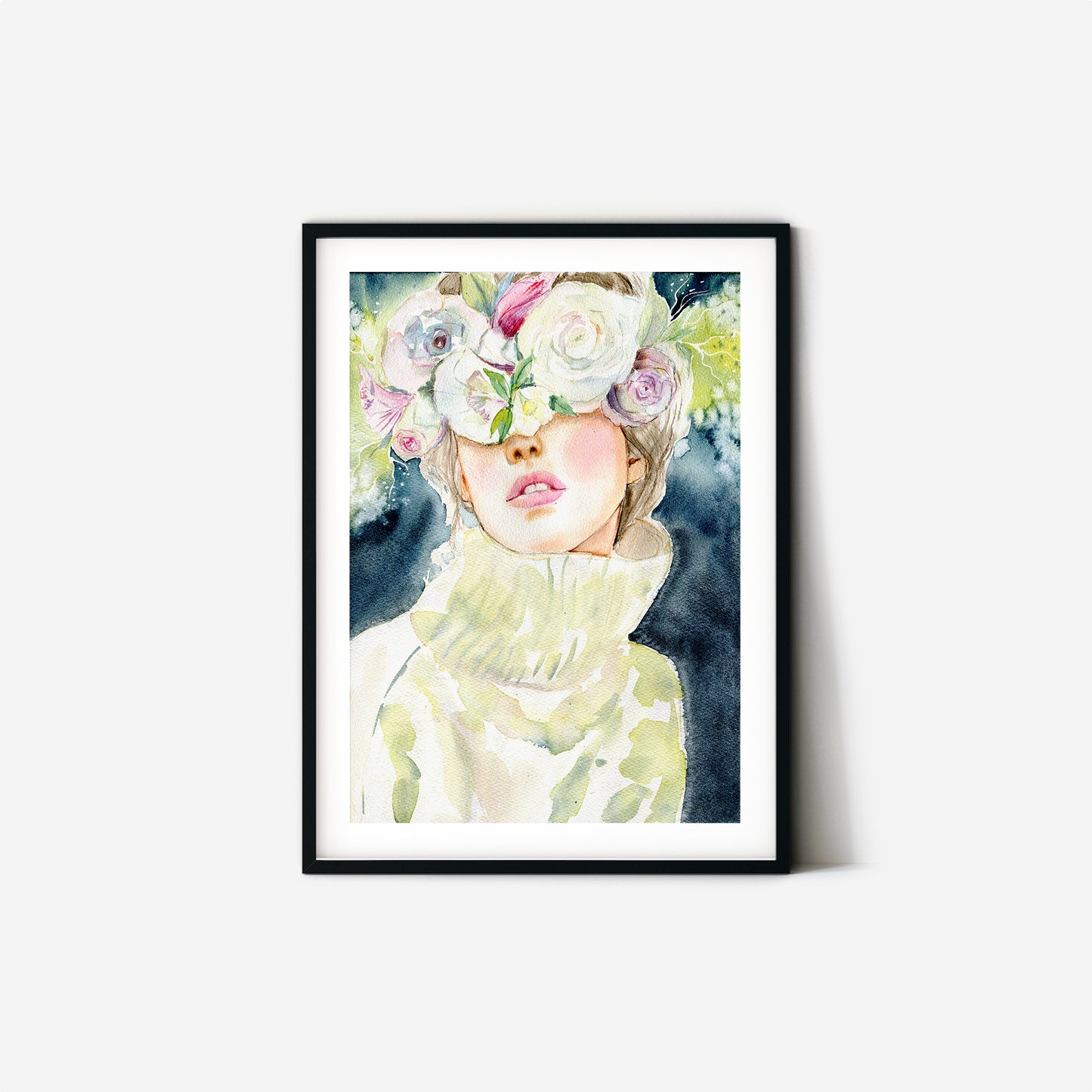 #002 Fashion watercolor poster with woman portrait on dark background and flowers wreath - Spring Girl. Delicate female art.