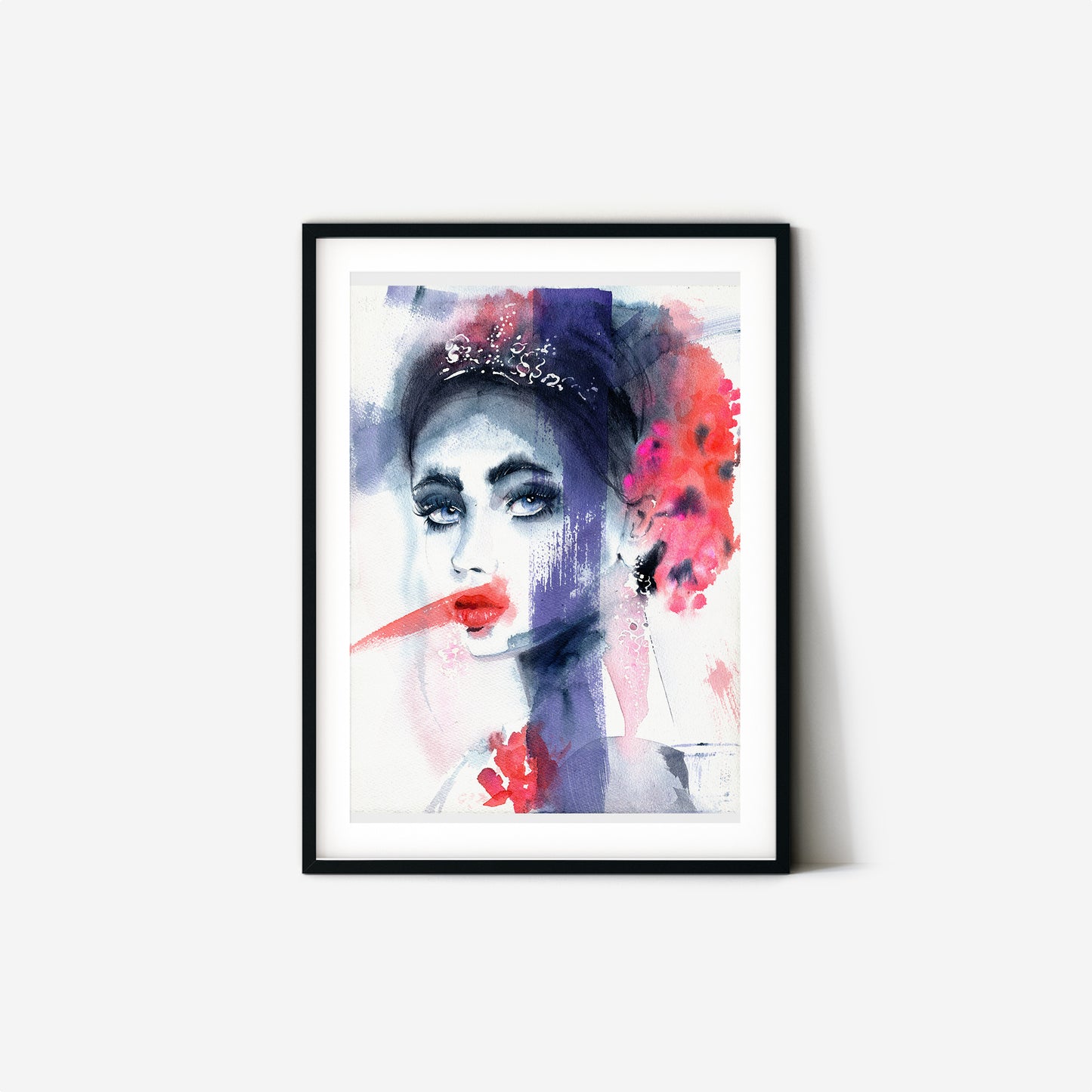 #020 Fashion watercolor poster with abstract portrait of a woman with tiara and flowers.