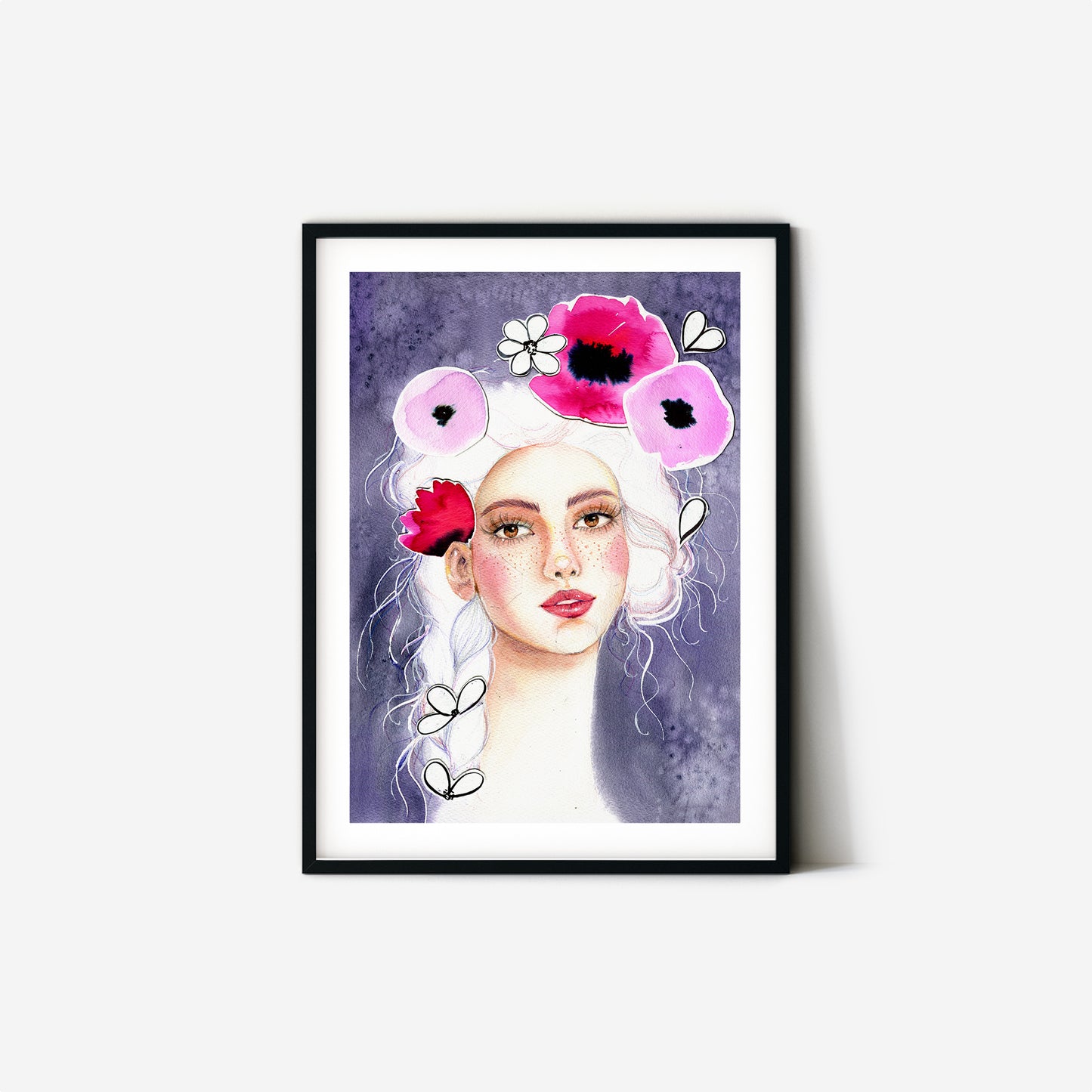 #006 Fashion watercolor poster with Girl portrait on lilac background and poppy flowers application