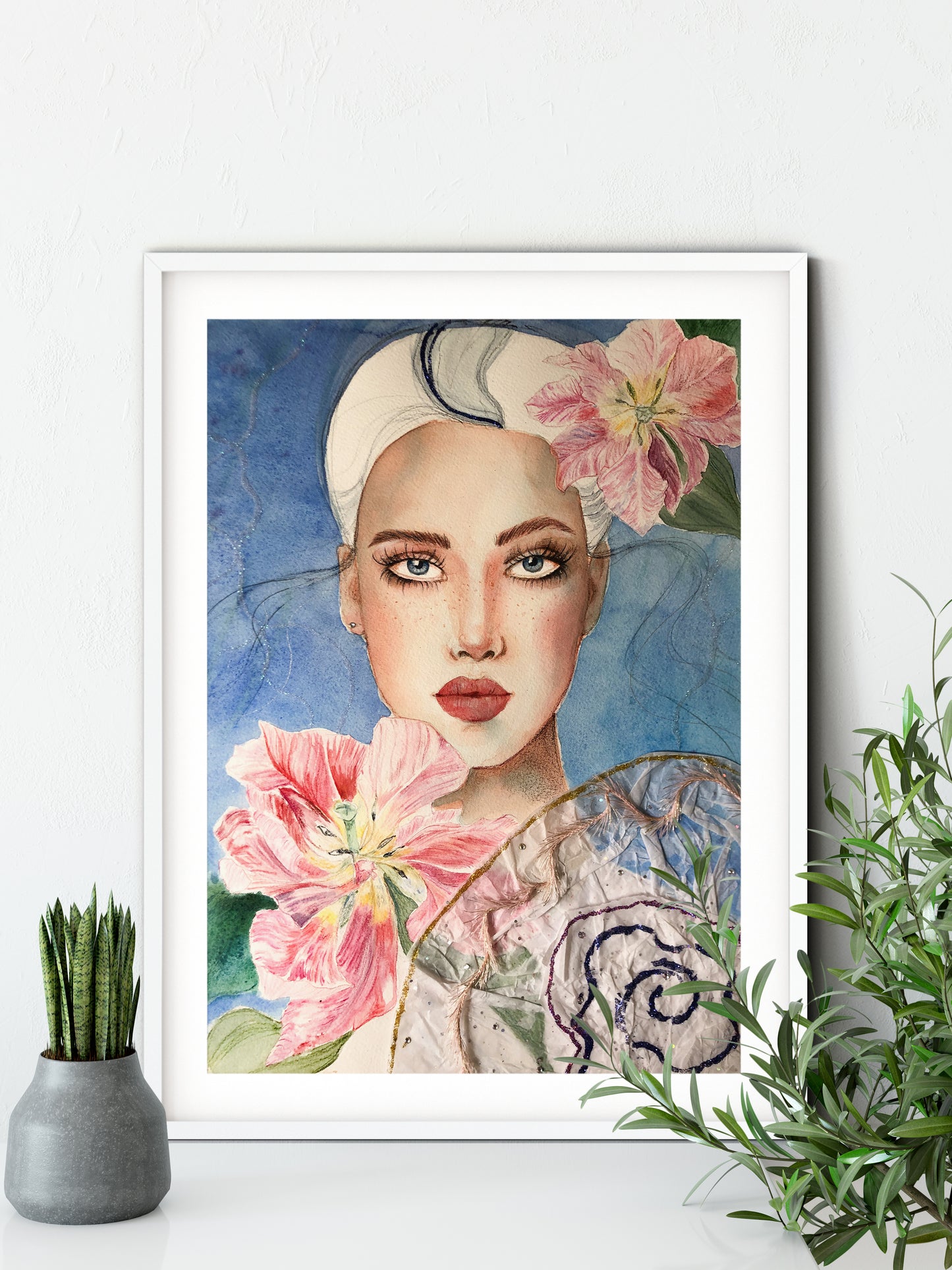 #004 Fashion watercolor poster with beautiful woman portrait on blue background and tulips flowers. The picture also has appliqué and glitter.