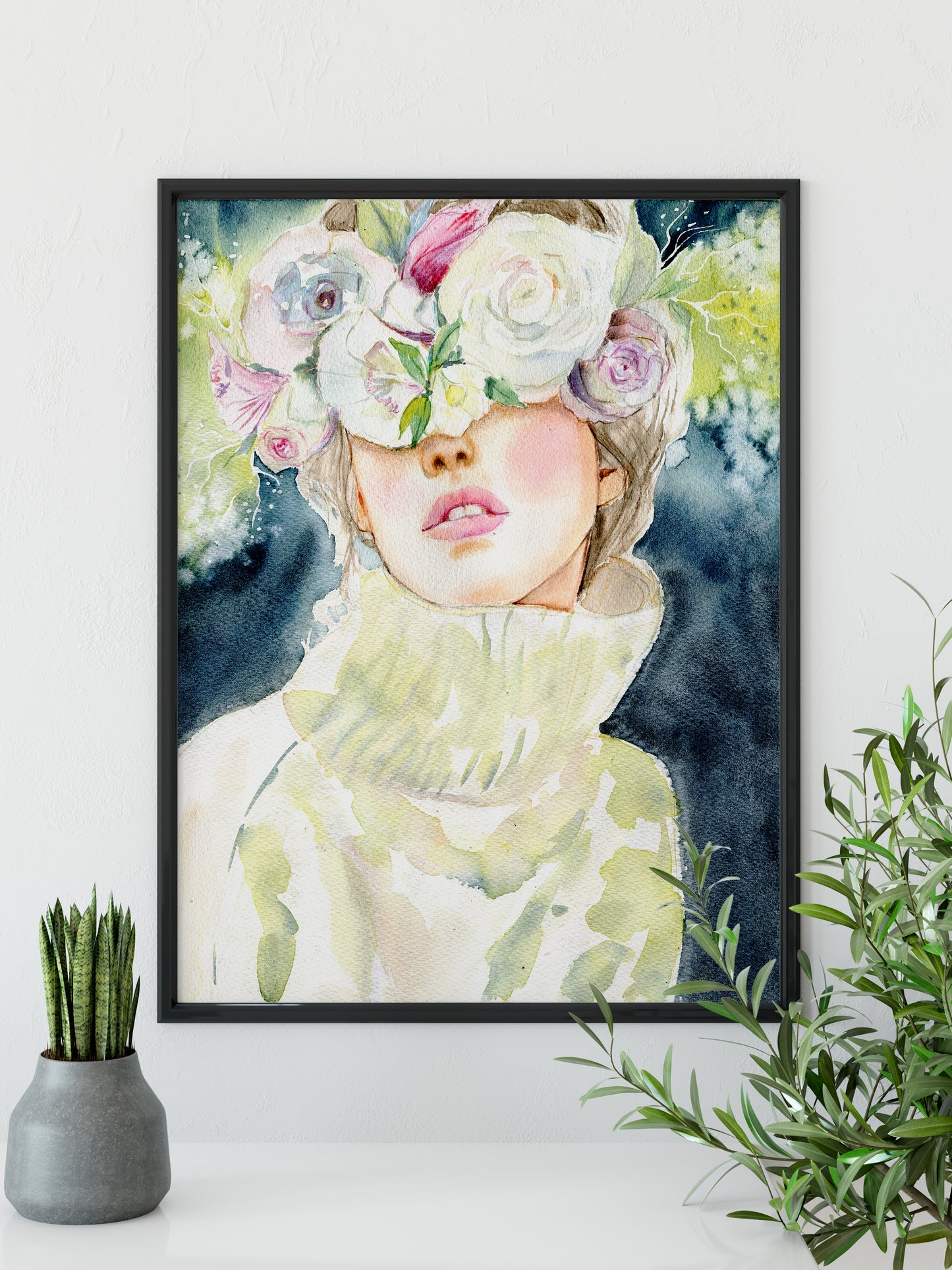 #002 Fashion watercolor poster with woman portrait on dark background and flowers wreath - Spring Girl. Delicate female art.