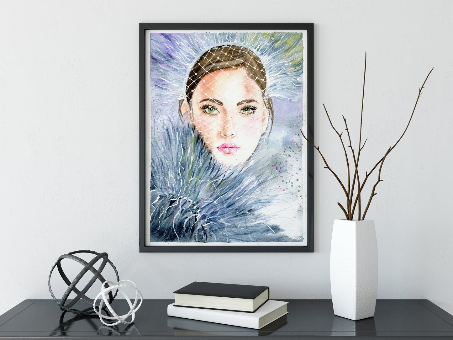 #021 Fashion watercolor poster with woman portrait on blue background and feather with glitter - Winter Girl. Delicate female art.