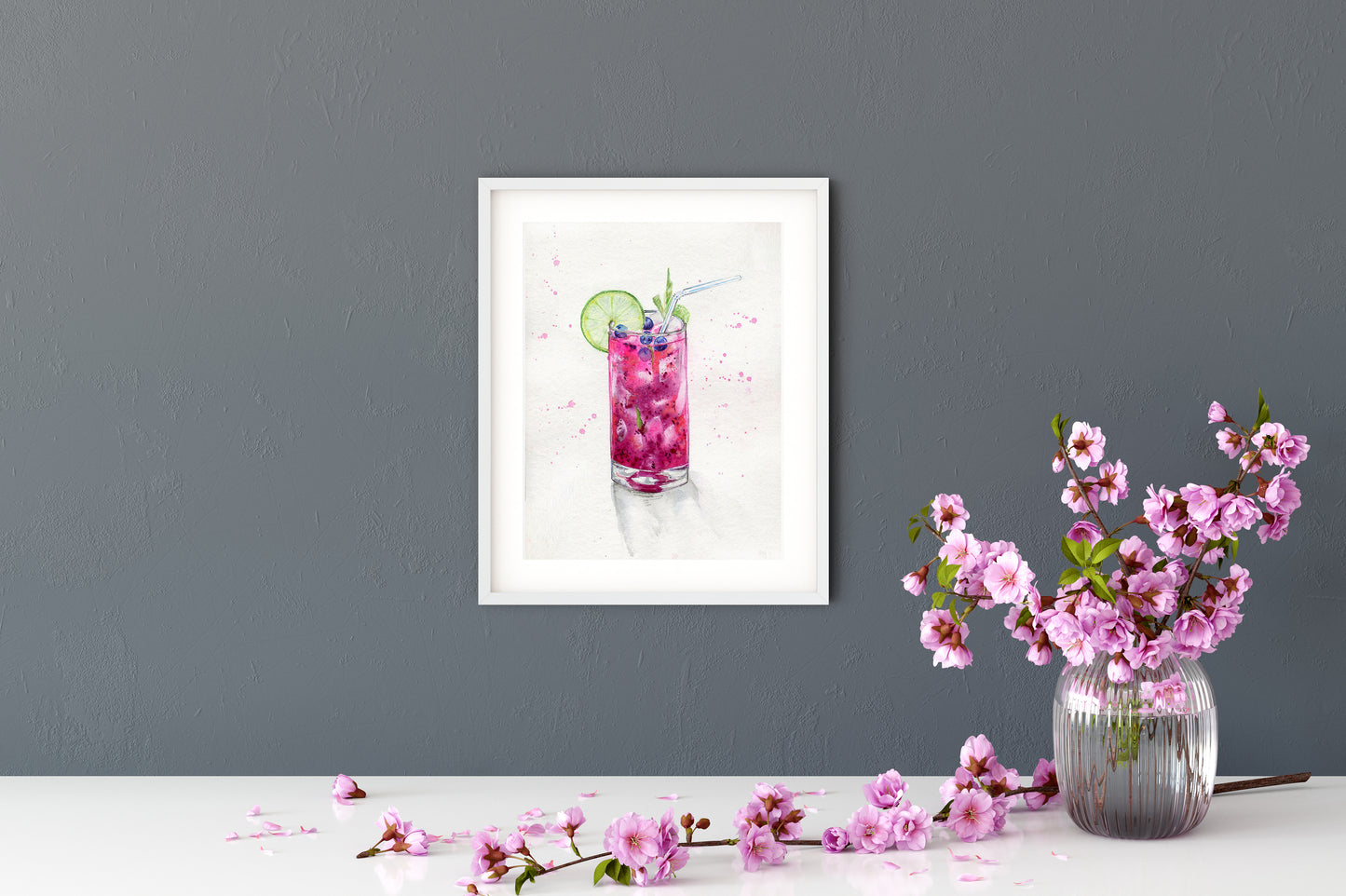Glass with pink coctail. Spirit. Beautiful summer drawing