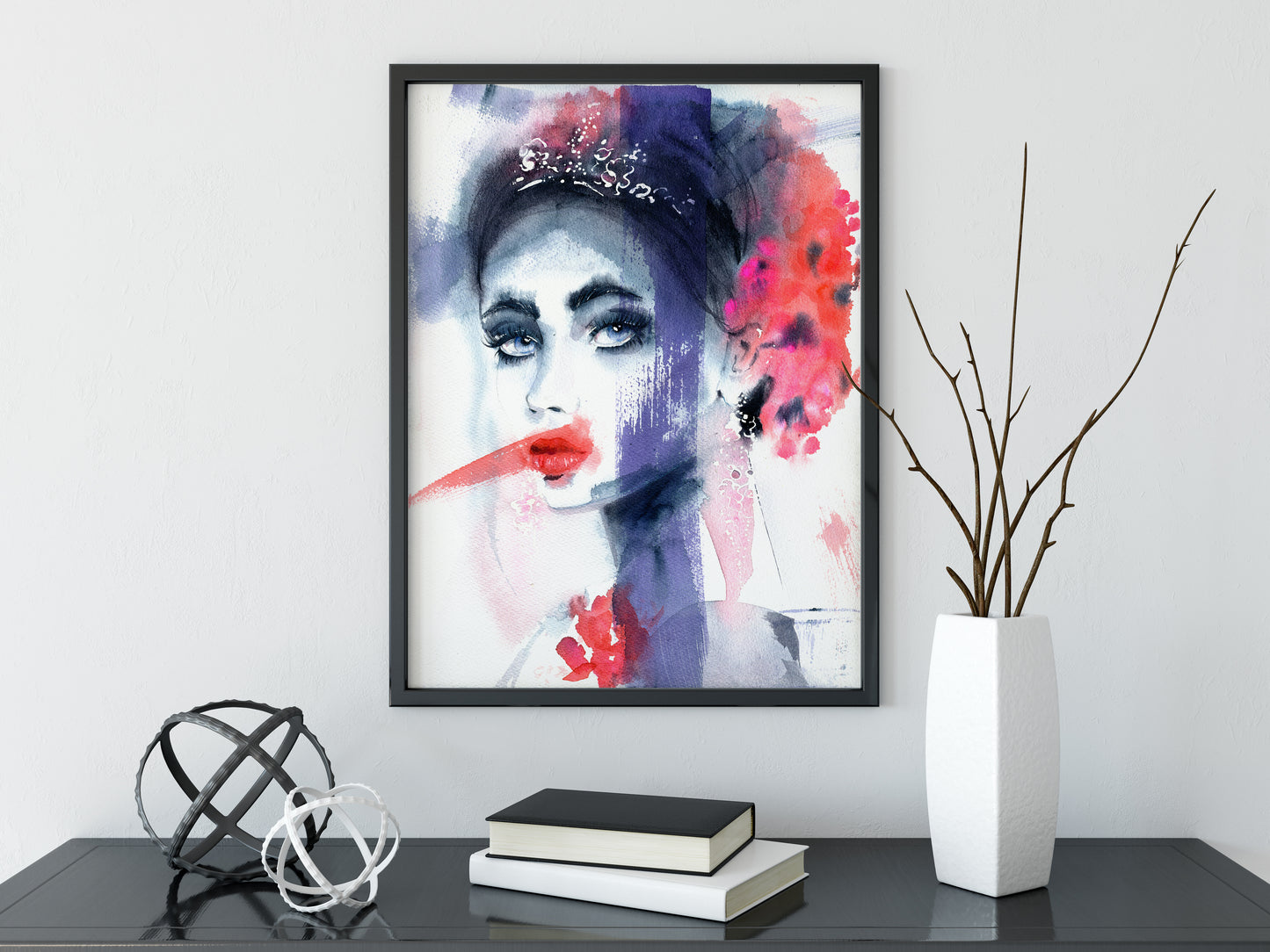 #020 Fashion watercolor poster with abstract portrait of a woman with tiara and flowers.