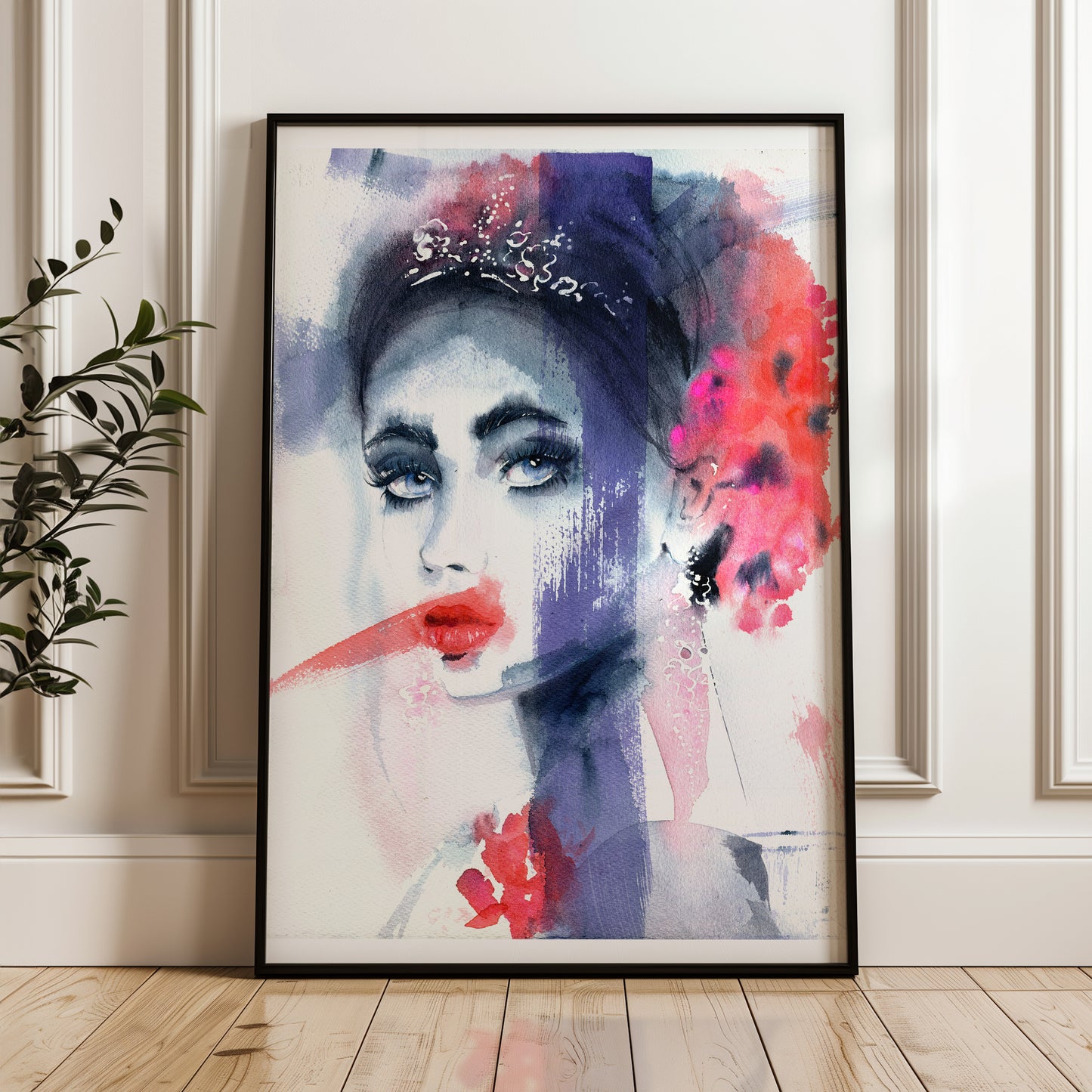 #020 Fashion watercolor poster with abstract portrait of a woman with tiara and flowers.