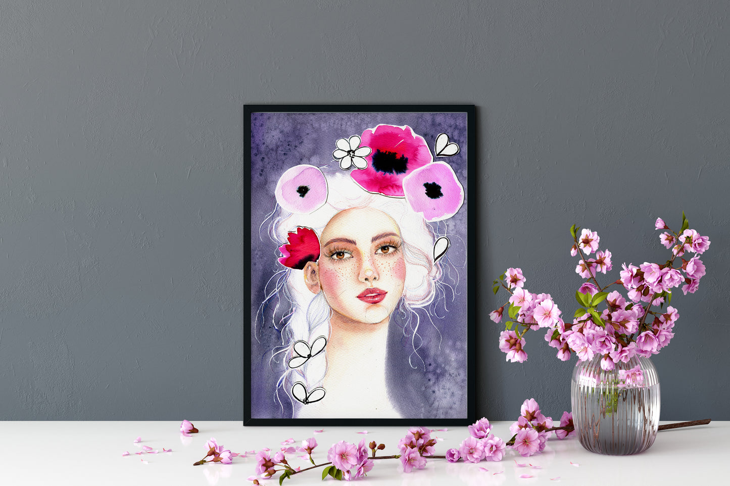 #006 Fashion watercolor poster with Girl portrait on lilac background and poppy flowers application