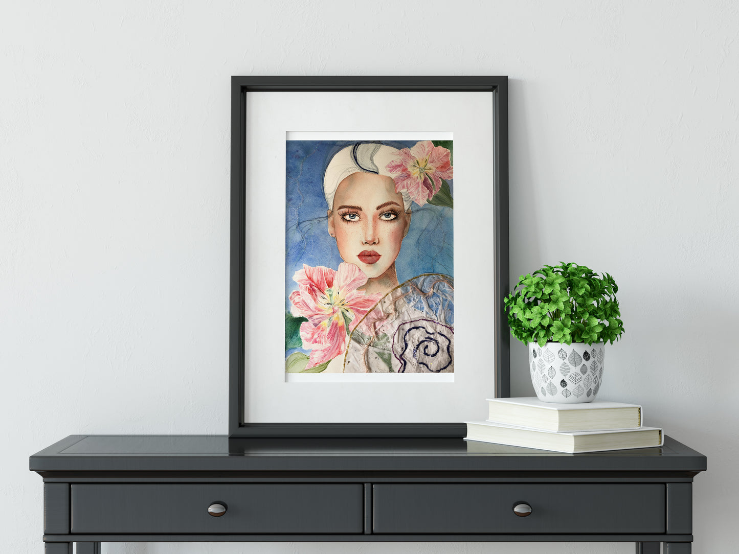 #004 Fashion watercolor poster with beautiful woman portrait on blue background and tulips flowers. The picture also has appliqué and glitter.