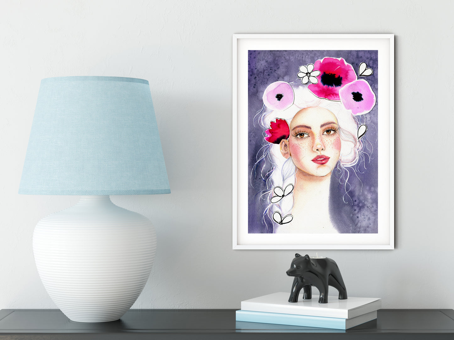 #006 Fashion watercolor poster with Girl portrait on lilac background and poppy flowers application