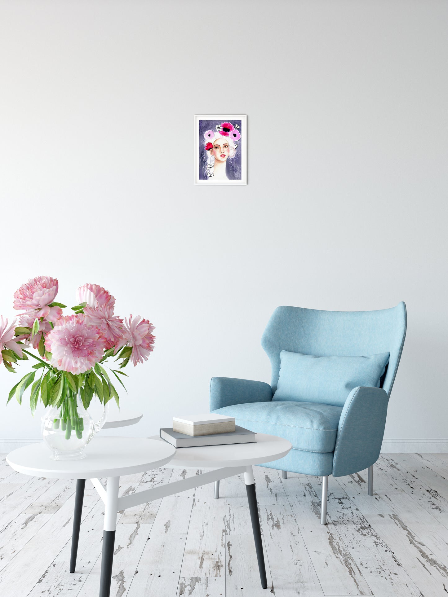 #006 Fashion watercolor poster with Girl portrait on lilac background and poppy flowers application