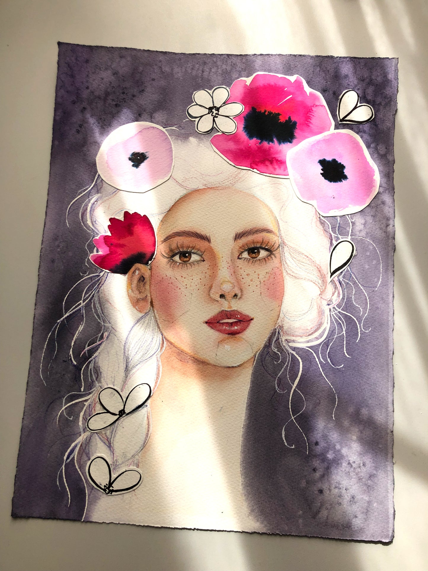 #006 Fashion watercolor poster with Girl portrait on lilac background and poppy flowers application