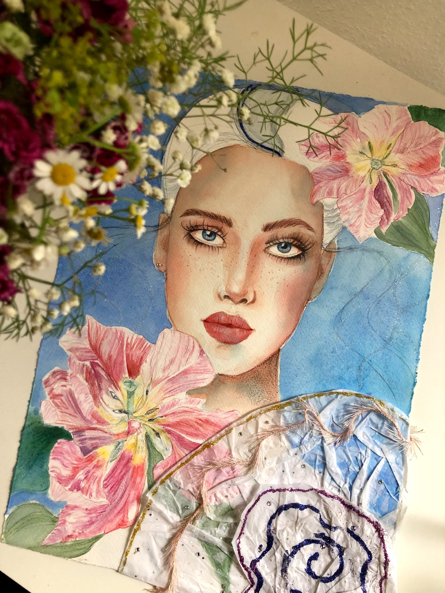 #004 Fashion watercolor poster with beautiful woman portrait on blue background and tulips flowers. The picture also has appliqué and glitter.