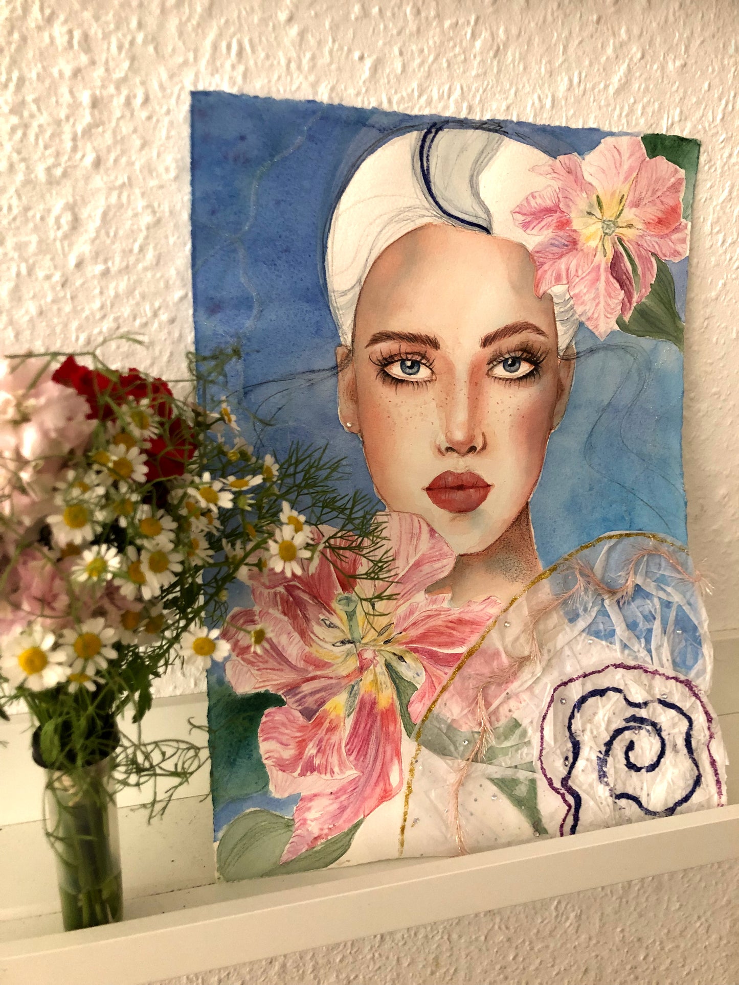 #004 Fashion watercolor poster with beautiful woman portrait on blue background and tulips flowers. The picture also has appliqué and glitter.