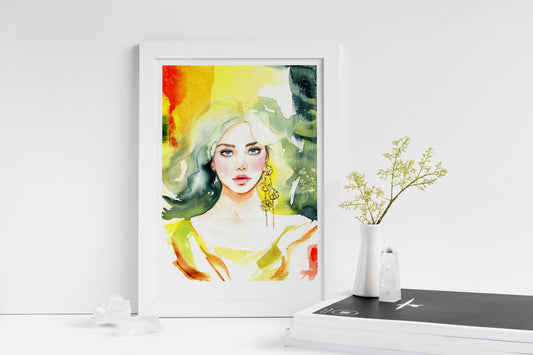 #001a. Poster a4. Yellow-green autumn fashion woman portrait. Modern art print.