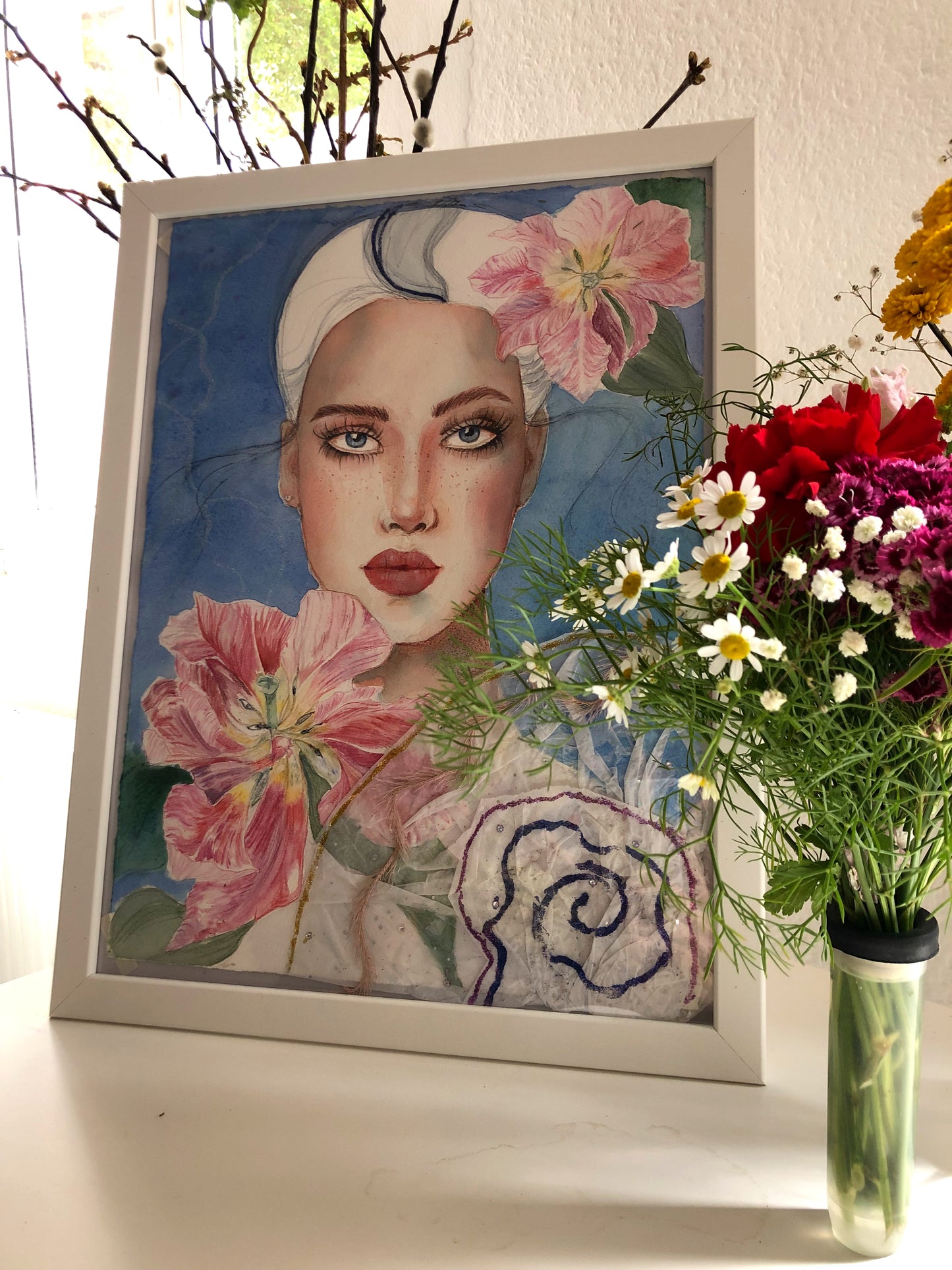 #004 Fashion watercolor poster with beautiful woman portrait on blue background and tulips flowers. The picture also has appliqué and glitter.